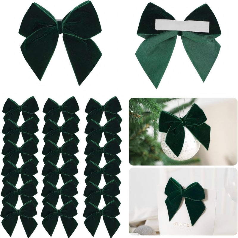 LiBongTa 3.5" Hunter Green Bows Velvet Ribbon Bow with Self Adhesive, Small Gift Bows Decor, Dark Green Christmas Bows for Treat Bag, Candy Pop, Basket, Party Favor, Craft Bow For Gift Wrapping-24 PCs - Image 1